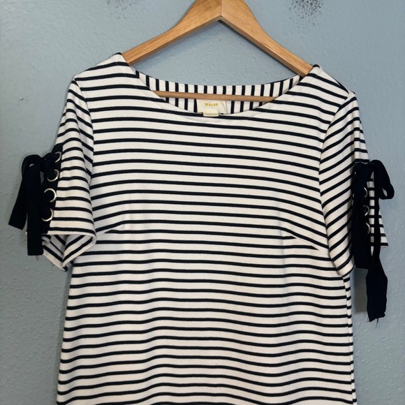 Anthropologie Maeve Ribbons and Stripes Mini Shirt Dress Black White Size Medium - Picture 7 of 13
